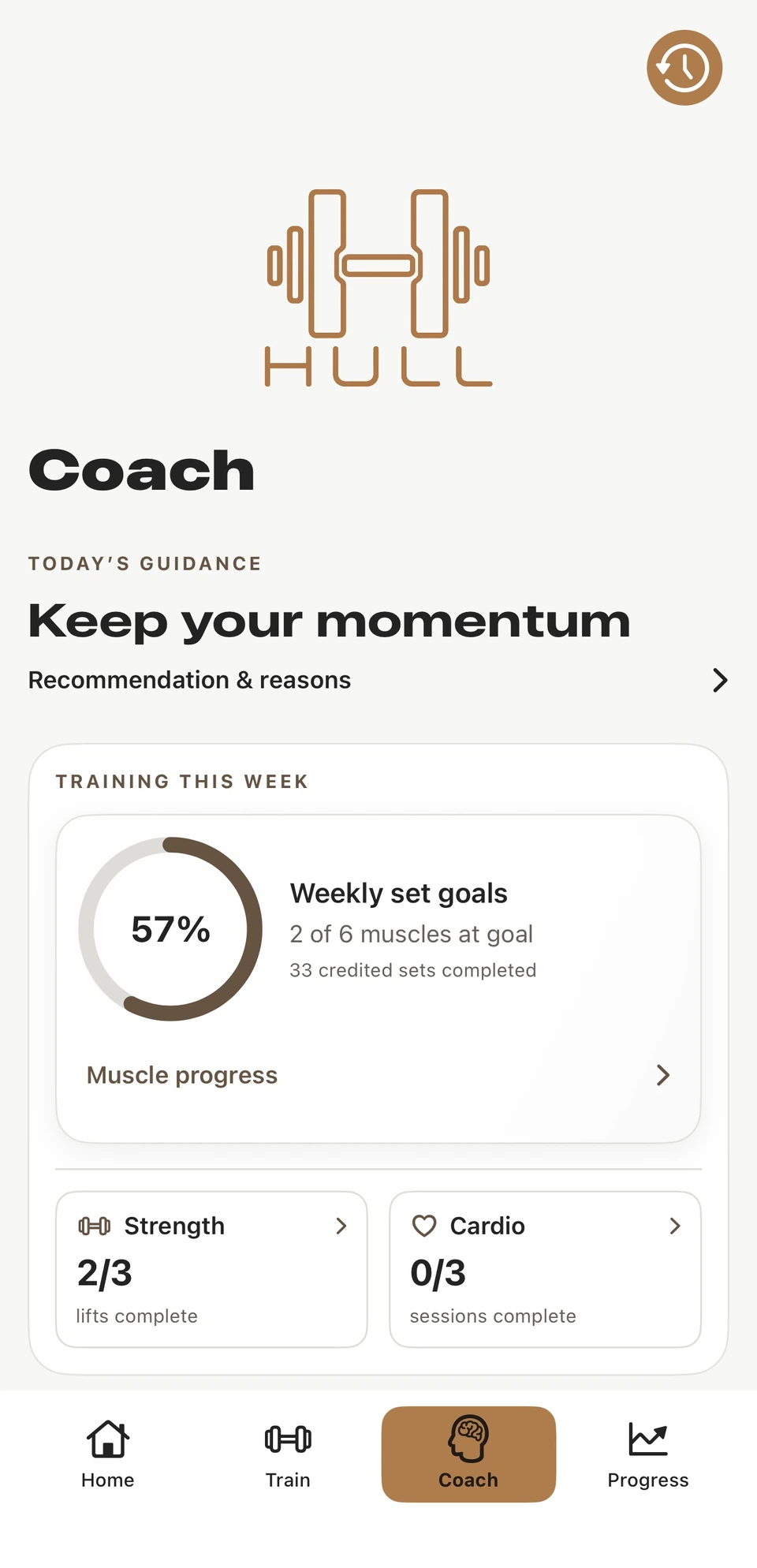 Light-mode Coach with weekly muscle set goals and compact Strength and Cardio completion cards