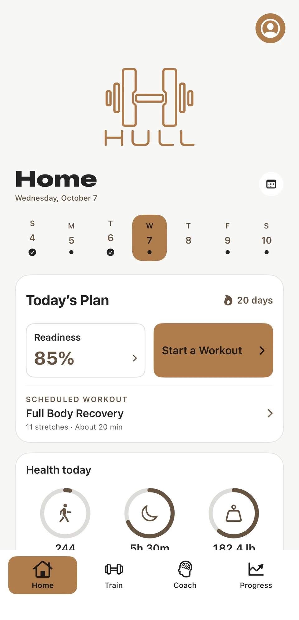 HULL Home in light mode, showing the weekly calendar, bold readiness, paired actions, and scheduled recovery