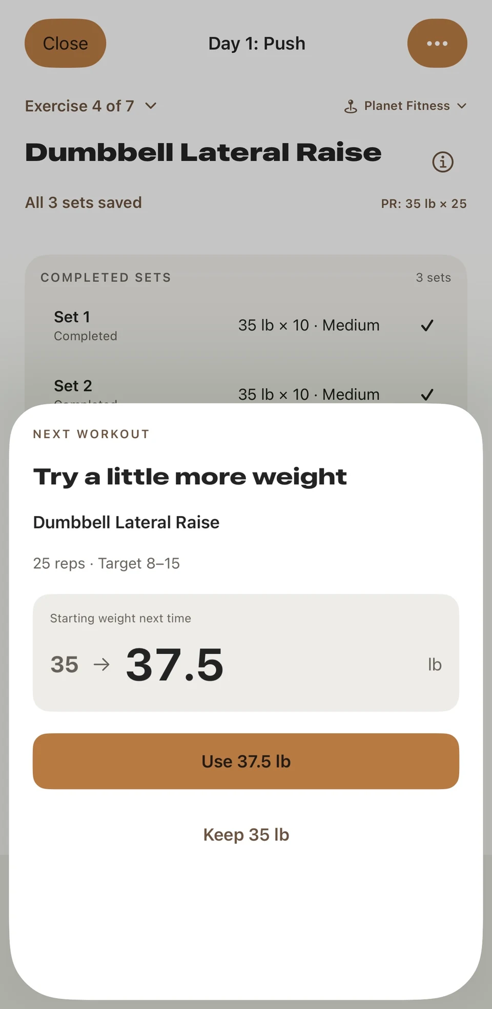 Light-mode progression suggestion to increase the next workout weight from 35 to 37.5 pounds