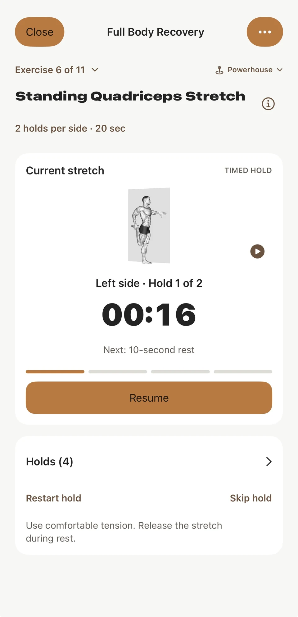 HULL guided recovery stretch in light mode, with a timed hold and rest interval