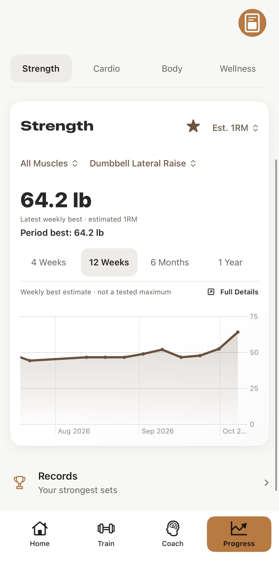 Light-mode strength progress with a 12-week estimated one-rep maximum chart